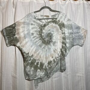 Beyond Capri Italy Linen Silk Tie Dye Batwing Knot Front Top Olive L Resortwear